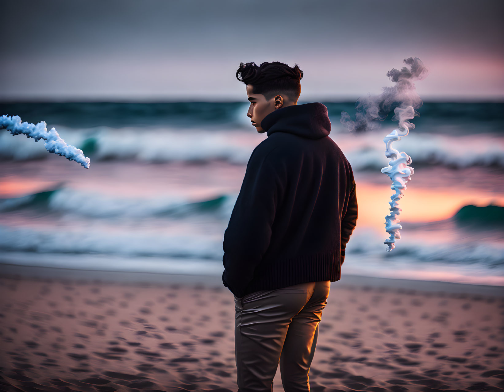 Person on Beach Exhaling Smoke at Twilight with Colorful Sky