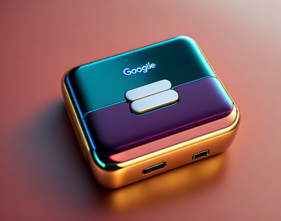 Multicolored Google-branded compact device with gold rim and USB ports