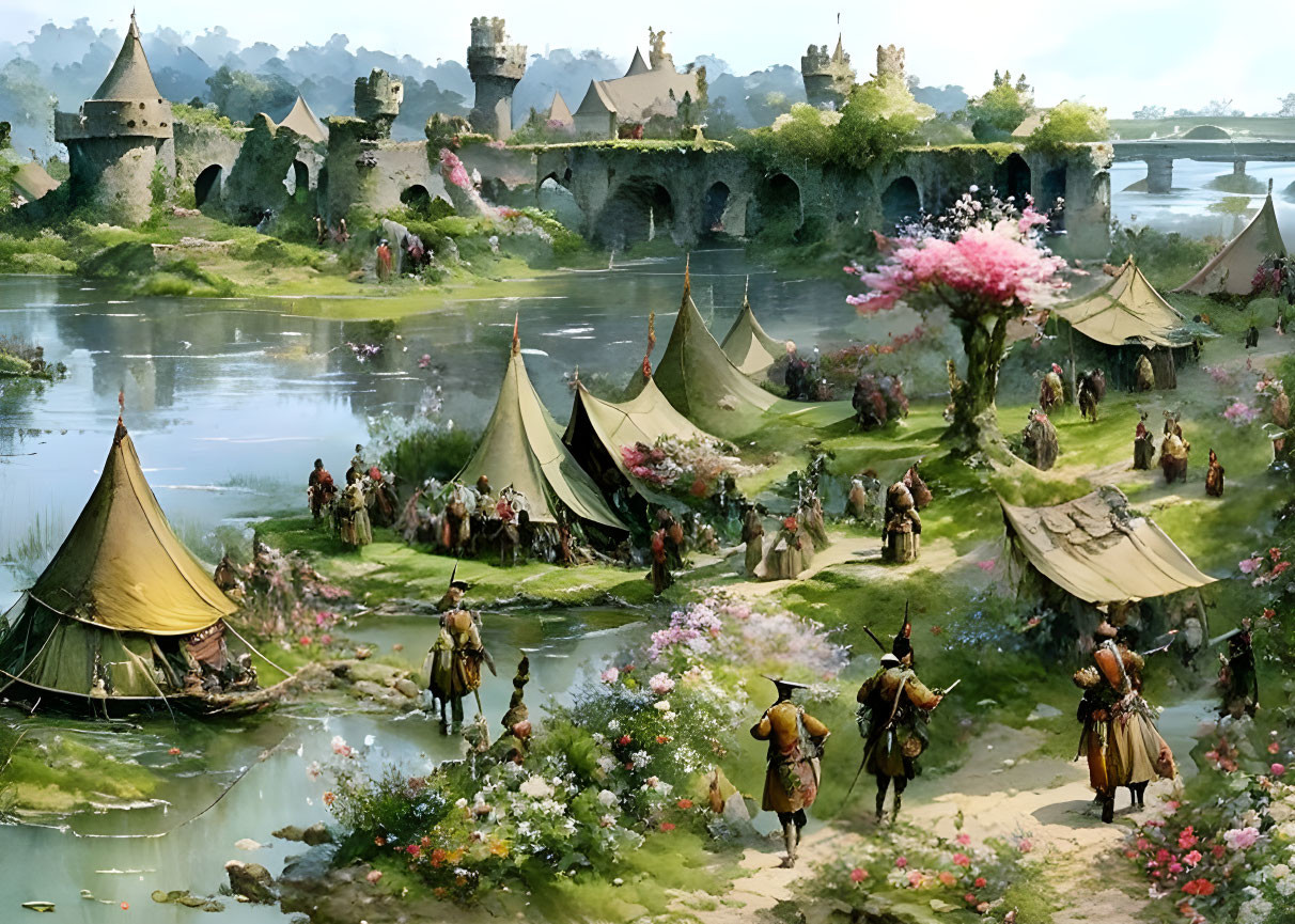 Medieval scene with stone bridge, castle, tents, people in historical clothing, river, lush green