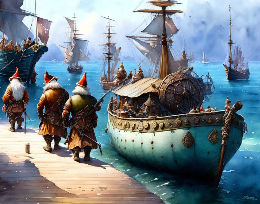 Armored dwarves on a dock with medieval ships under a clear blue sky
