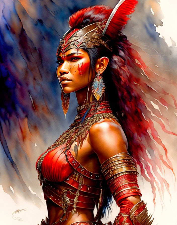 Warrior woman illustration with feathered headdress and red war paint
