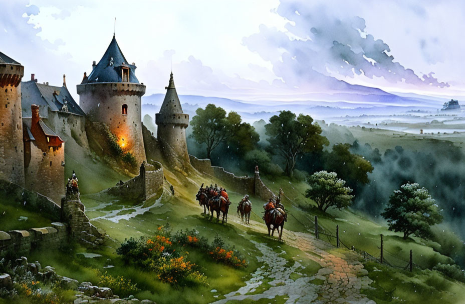 Medieval knights on horseback in serene landscape painting