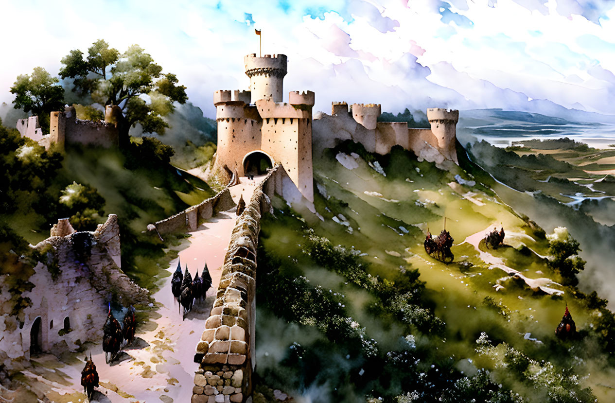 Medieval castle with towers, knights on horses, and lush landscape