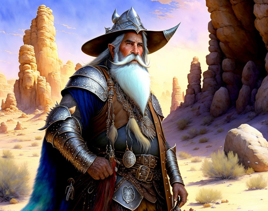 Bearded dwarf in armor with majestic cloak in desert canyon landscape