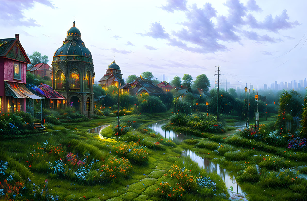Fantasy village at dusk: ornate buildings, gardens, river, lampposts.