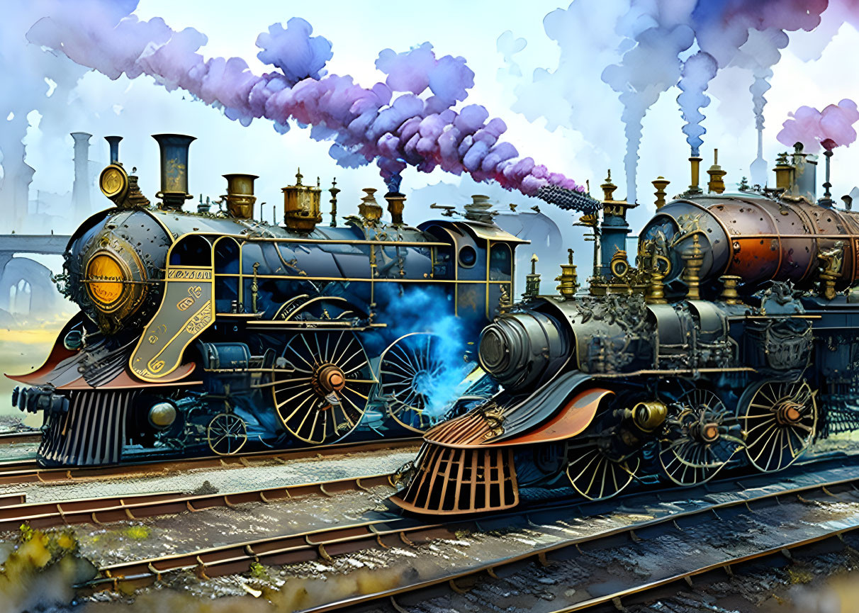 Vintage Steam Locomotives with Colorful Smoke in Steampunk Illustration