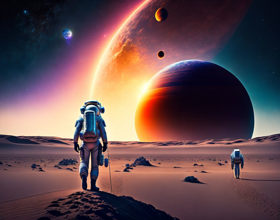 Astronautas caminando en un exoplaneta desértico