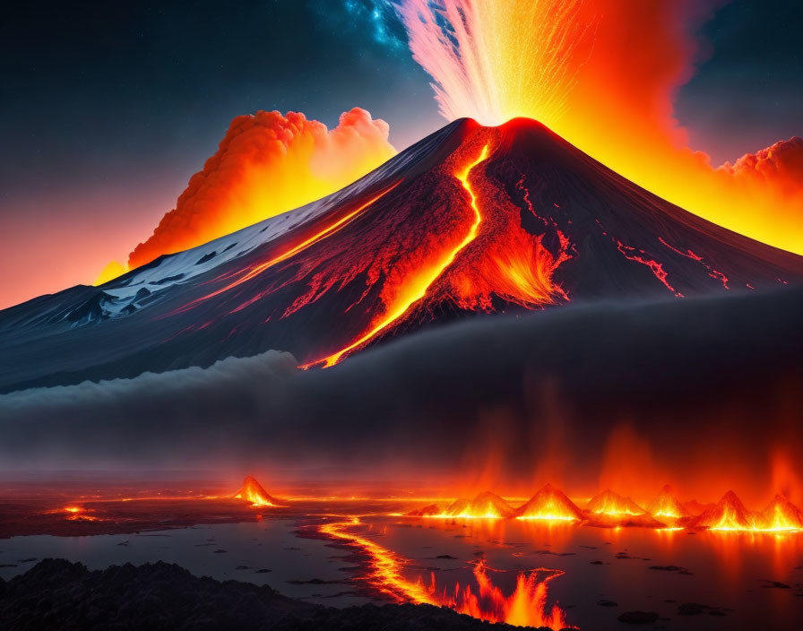 Vibrant volcanic landscape at night with flowing lava and eruptions under starry sky
