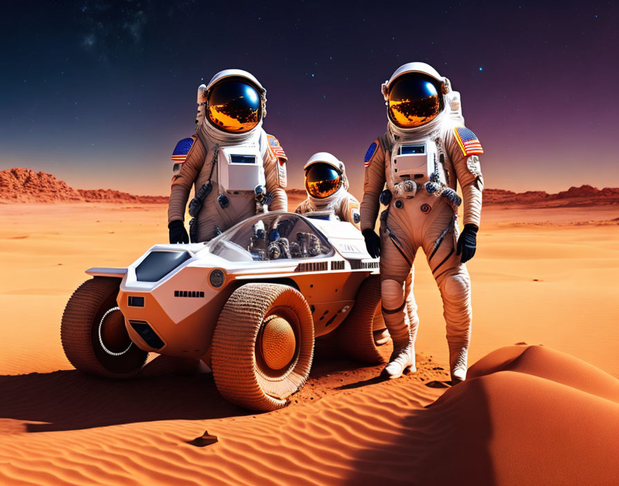 Three astronauts with rover in Mars-like landscape.