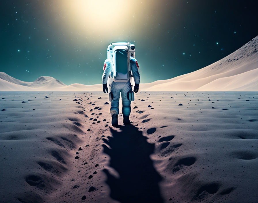 Astronaut walking on barren moon-like landscape under starry sky