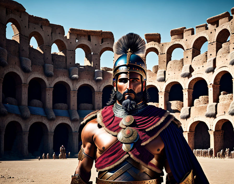 Roman warrior in traditional armor at Colosseum arena.