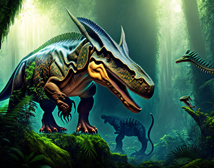 Menacing theropod dinosaur in lush prehistoric jungle with other species visible