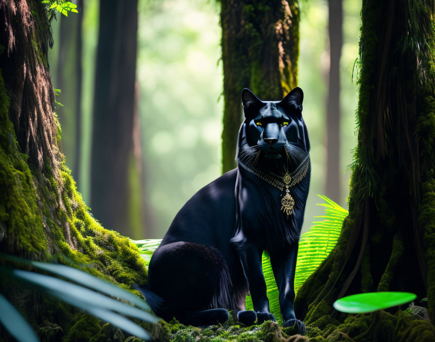 Black Panther with Gold Necklace in Lush Forest Setting