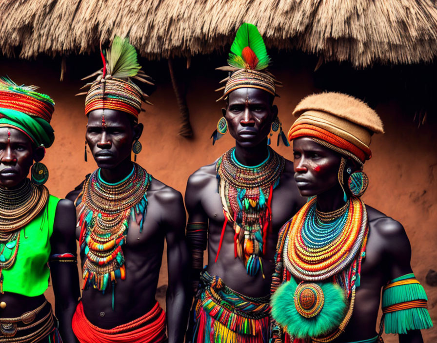 Three individuals in traditional African tribal attire with vibrant beaded jewelry and headpieces in front of a that