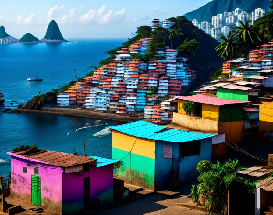 Vibrant waterside favela with colorful buildings and ocean view