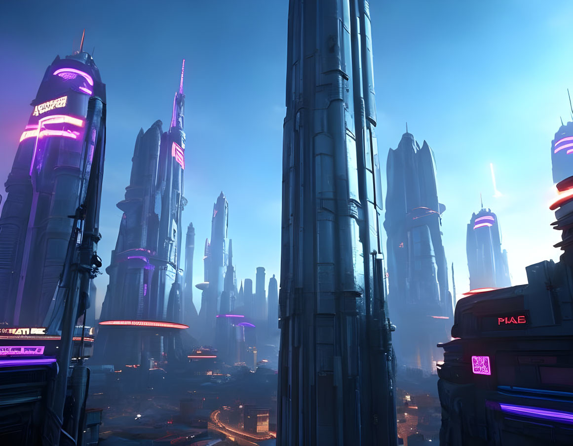 Futuristic cityscape with glowing skyscrapers and flying vehicles at dusk
