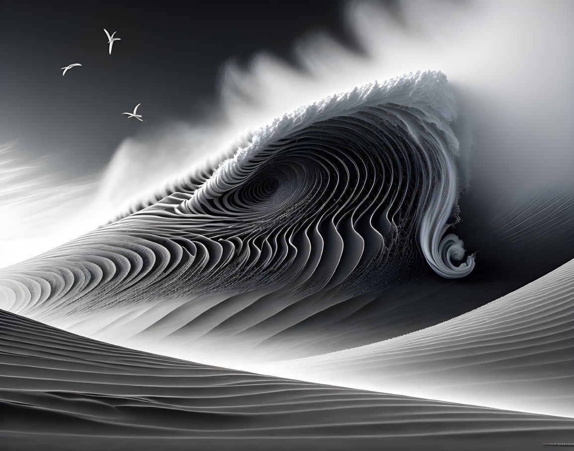 Monochromatic artistic rendering of massive wave with spiral and flying birds
