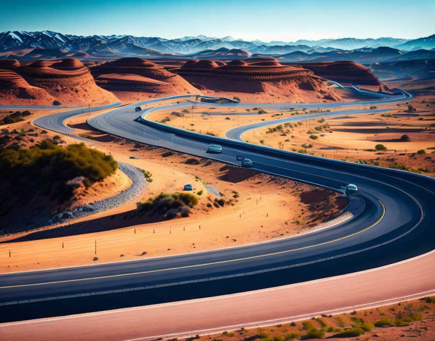 Desert landscape with winding highway and red sands