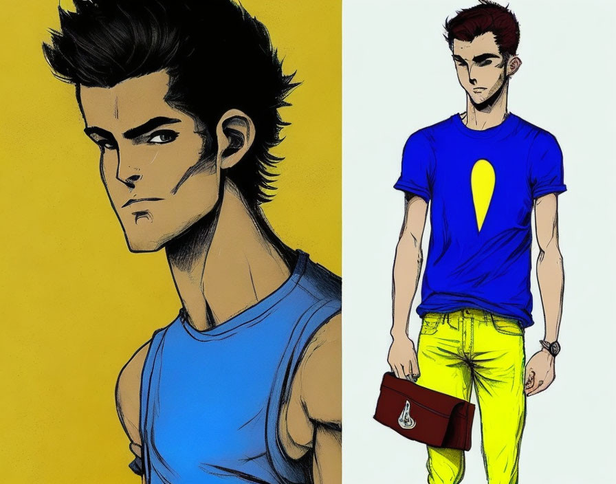 Stylish young man with dark hair in blue tank top and yellow logo T-shirt.