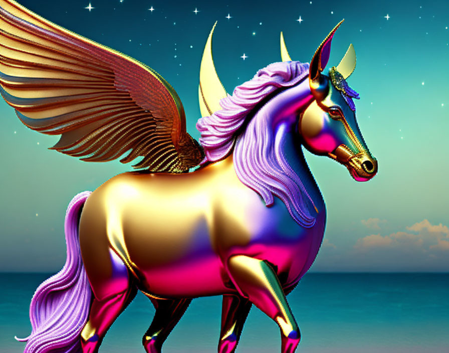 Colorful winged unicorn with metallic body, purple mane, and golden horn in starry sky and