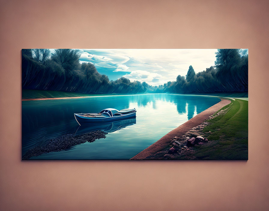 Tranquil canvas print of blue boat on calm water with tree-lined riverbank