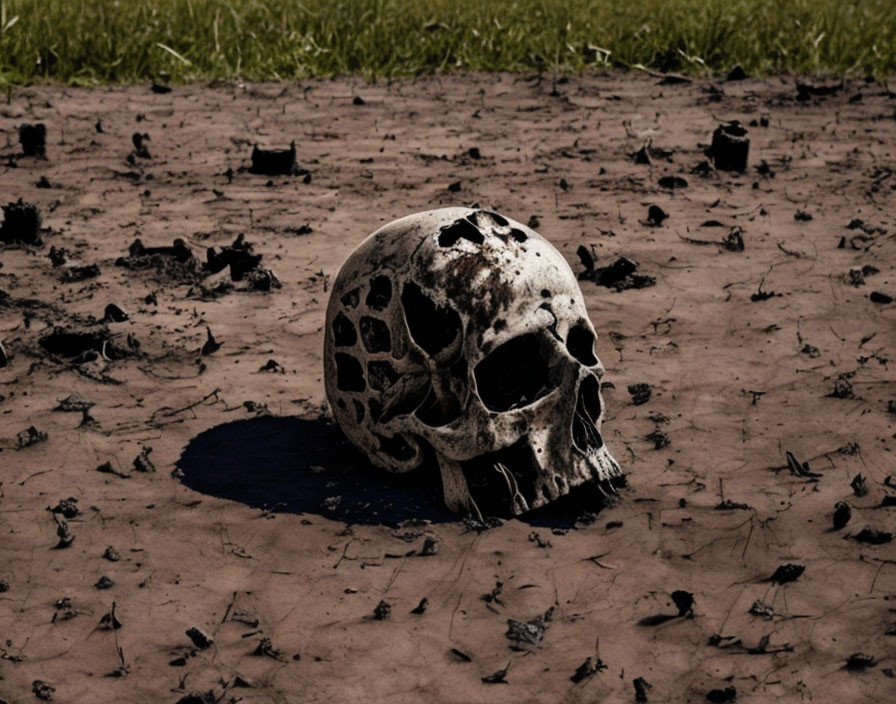 Weathered human skull on dark, muddy ground with scattered debris