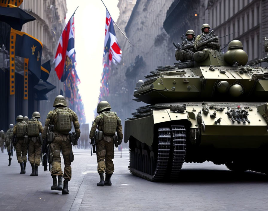 Military soldiers march with tank in city street parade.