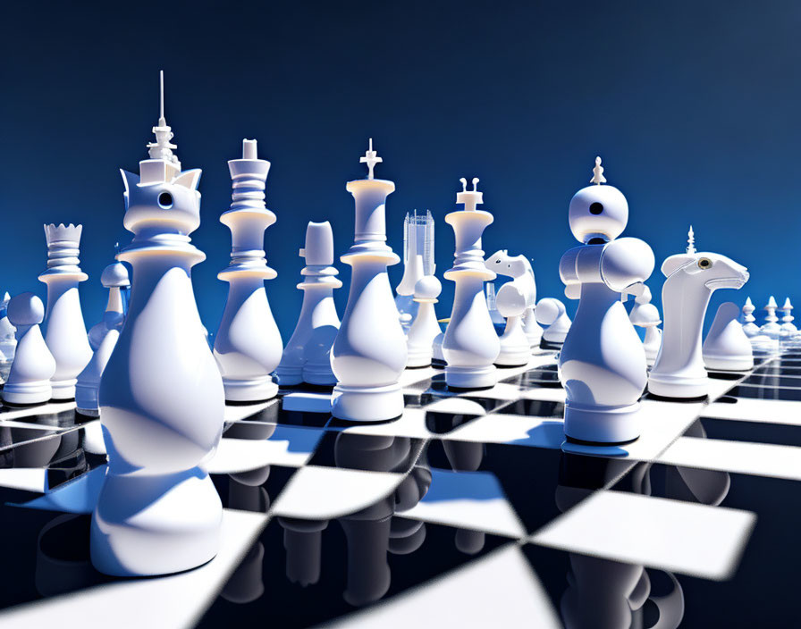 Chess Set 3D Rendering with White and Black Pieces on Reflective Board