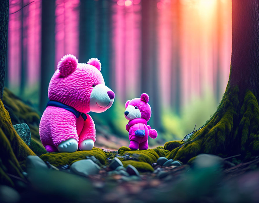 Pink Teddy Bears in Enchanted Forest with Sunlight