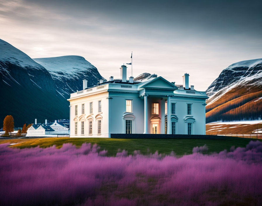 Neoclassical Building with Mountain and Purple Flower Background