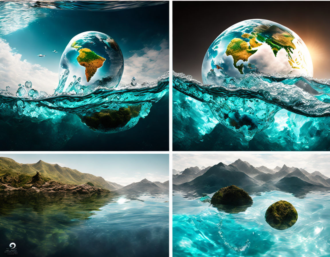Composite Image of Earth Submerged in Water with Serene Landscapes