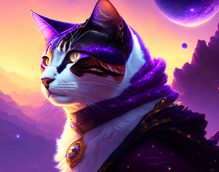 Majestic cat with cosmic fur pattern in fantasy space setting