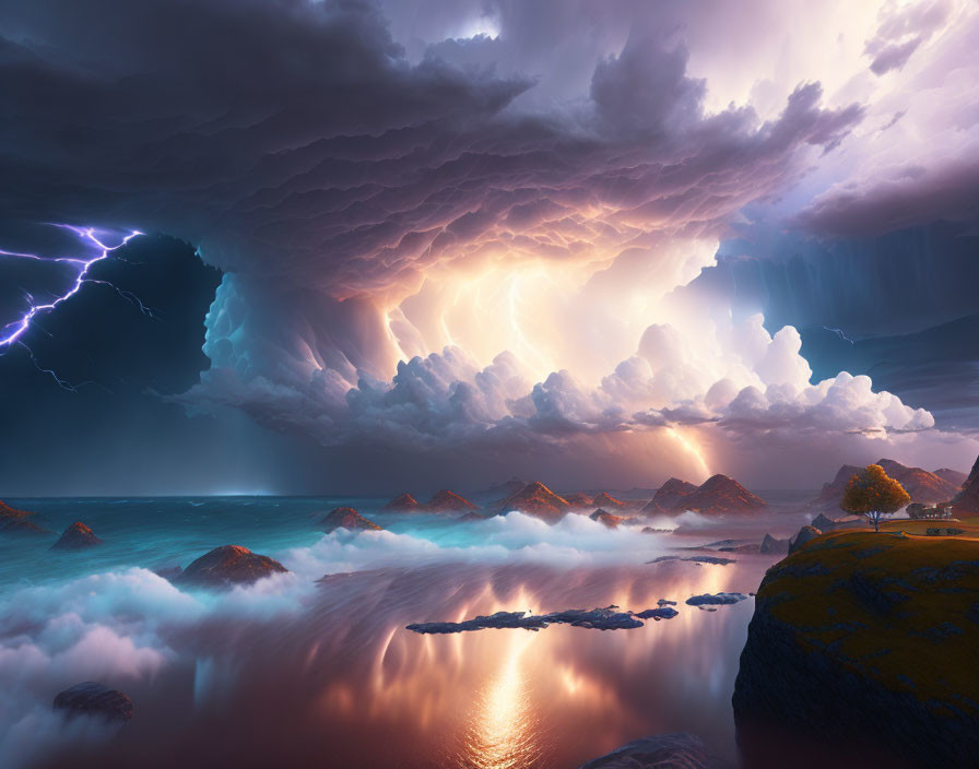 Dramatic ocean landscape with thunderstorm, lightning strikes, dark clouds, and sunset reflection