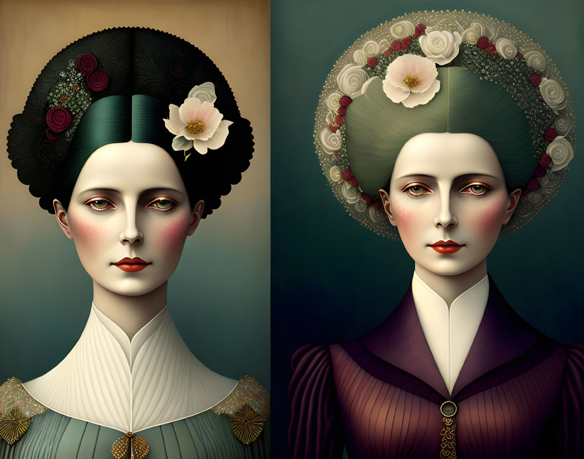 Victorian-era digital art featuring two women in elaborate attire.