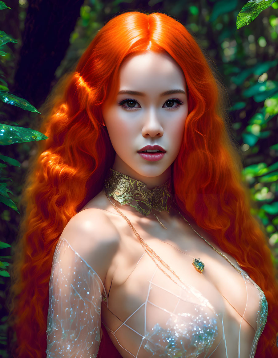 Red-haired woman in sheer top with sparkling designs and choker posing in forest.