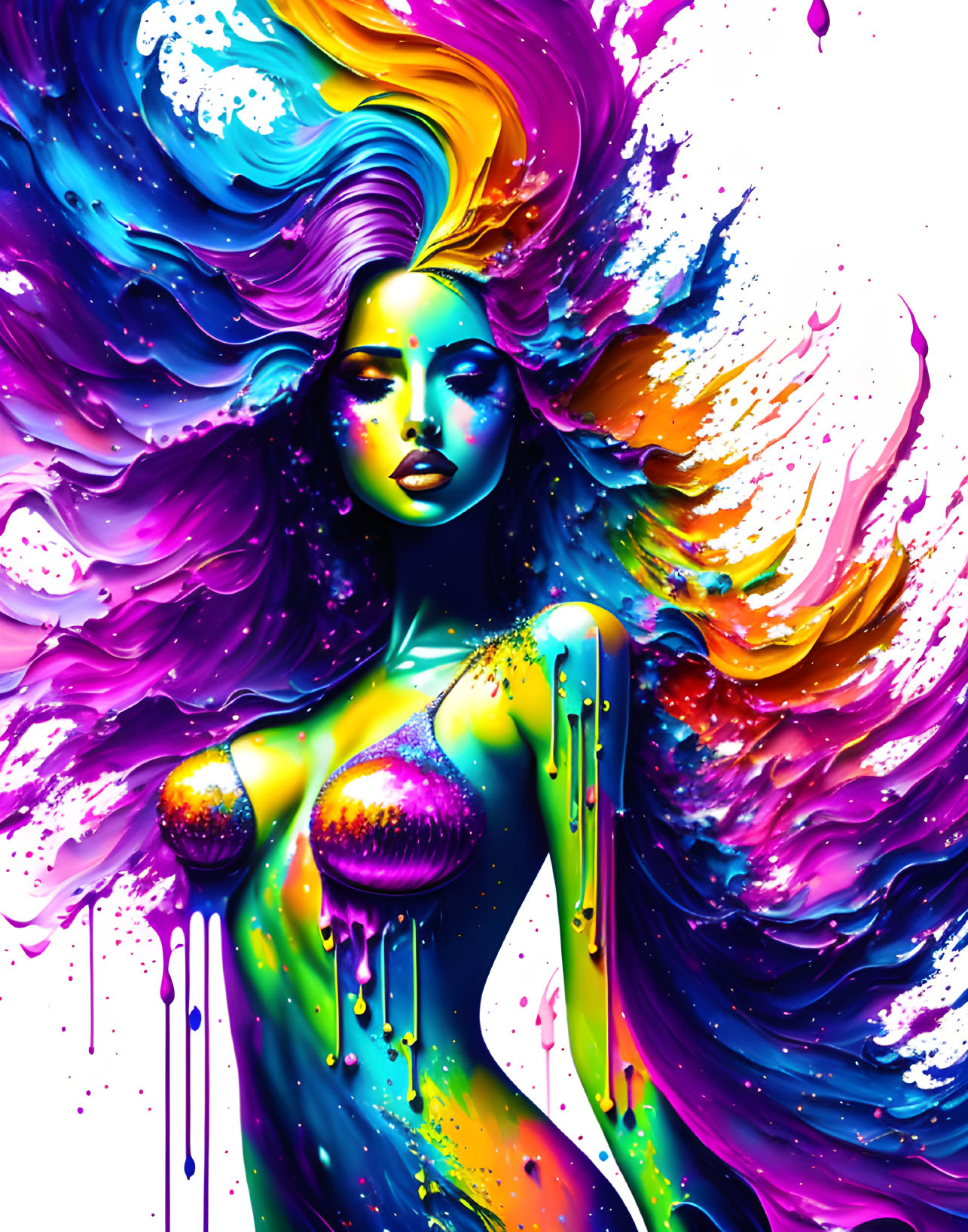 Colorful digital artwork: Woman with flowing hair and paint drips on white background