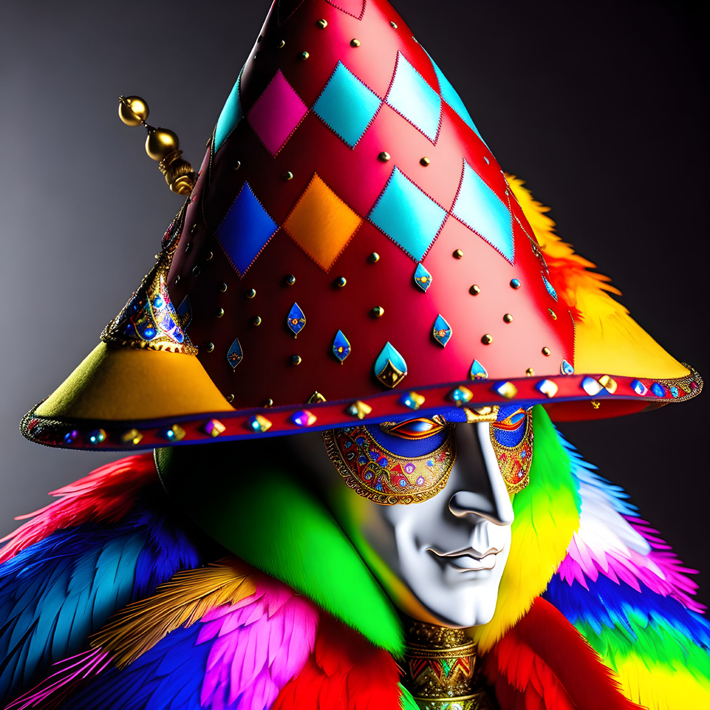 Harlequin mask with diamond-patterned hat and feather boa on grey background