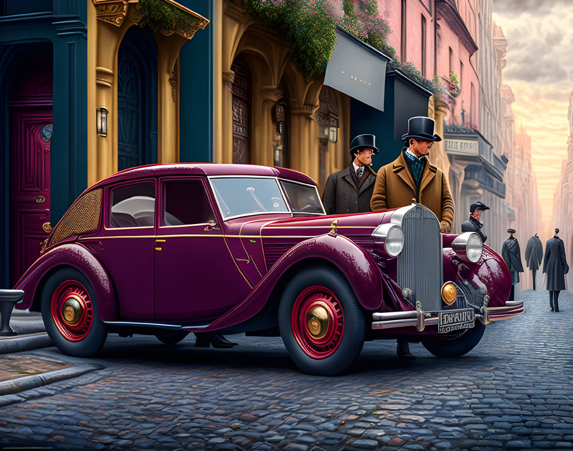 Vintage Purple Car on Cobblestone Street with Men in Classic Attire Talking