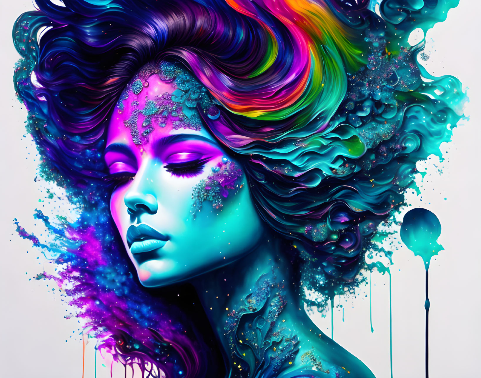 Colorful digital artwork: Woman with flowing, vibrant hair and cosmic paint splatters