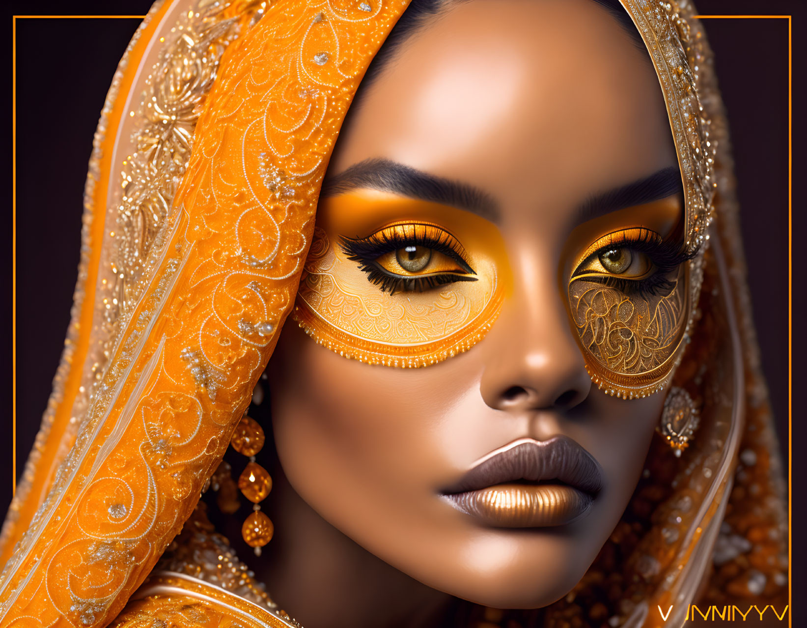 Woman with Golden Eye Makeup and Orange Veil Artwork