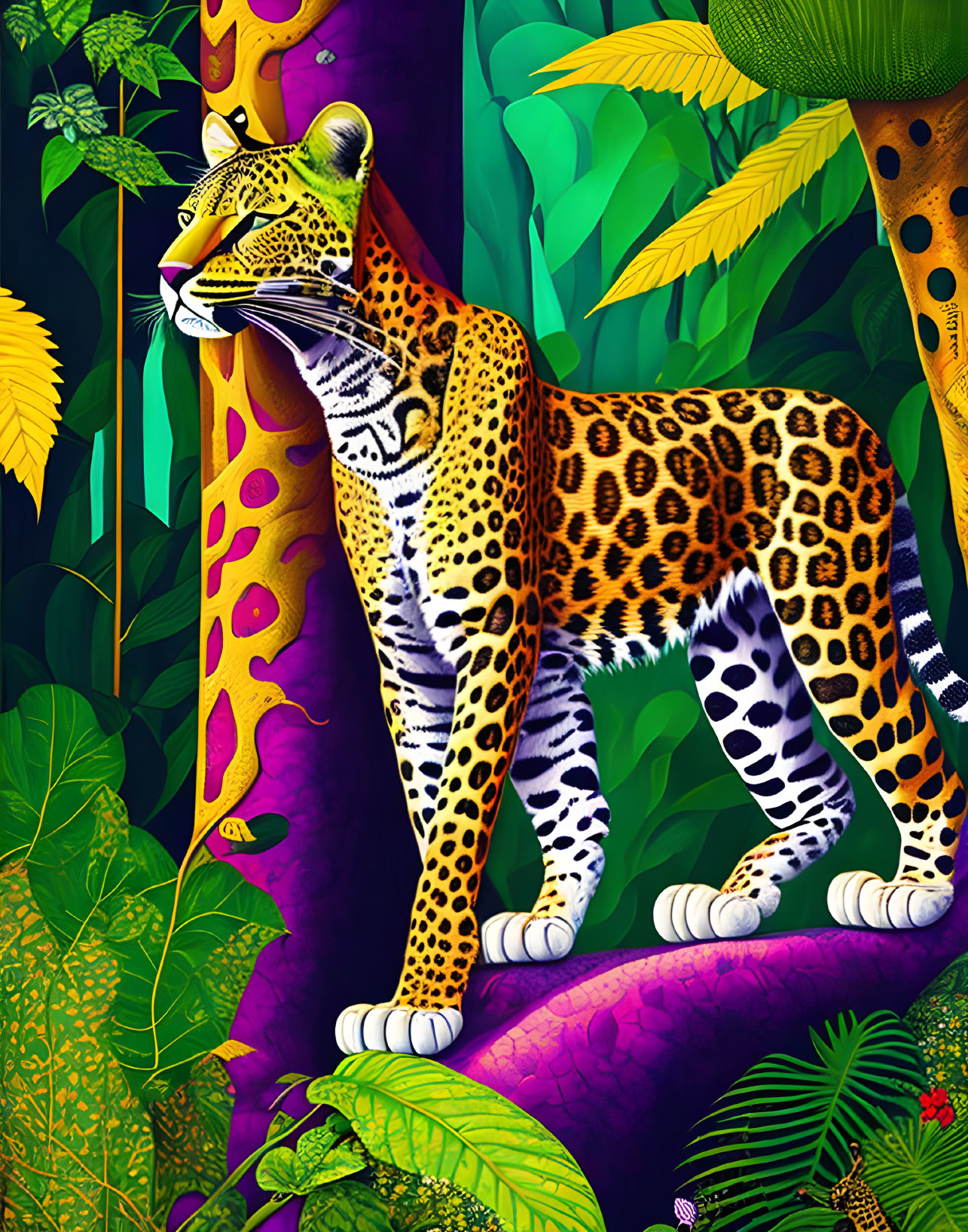 Colorful Jungle Scene: Leopard Amid Vibrant Purple Trees