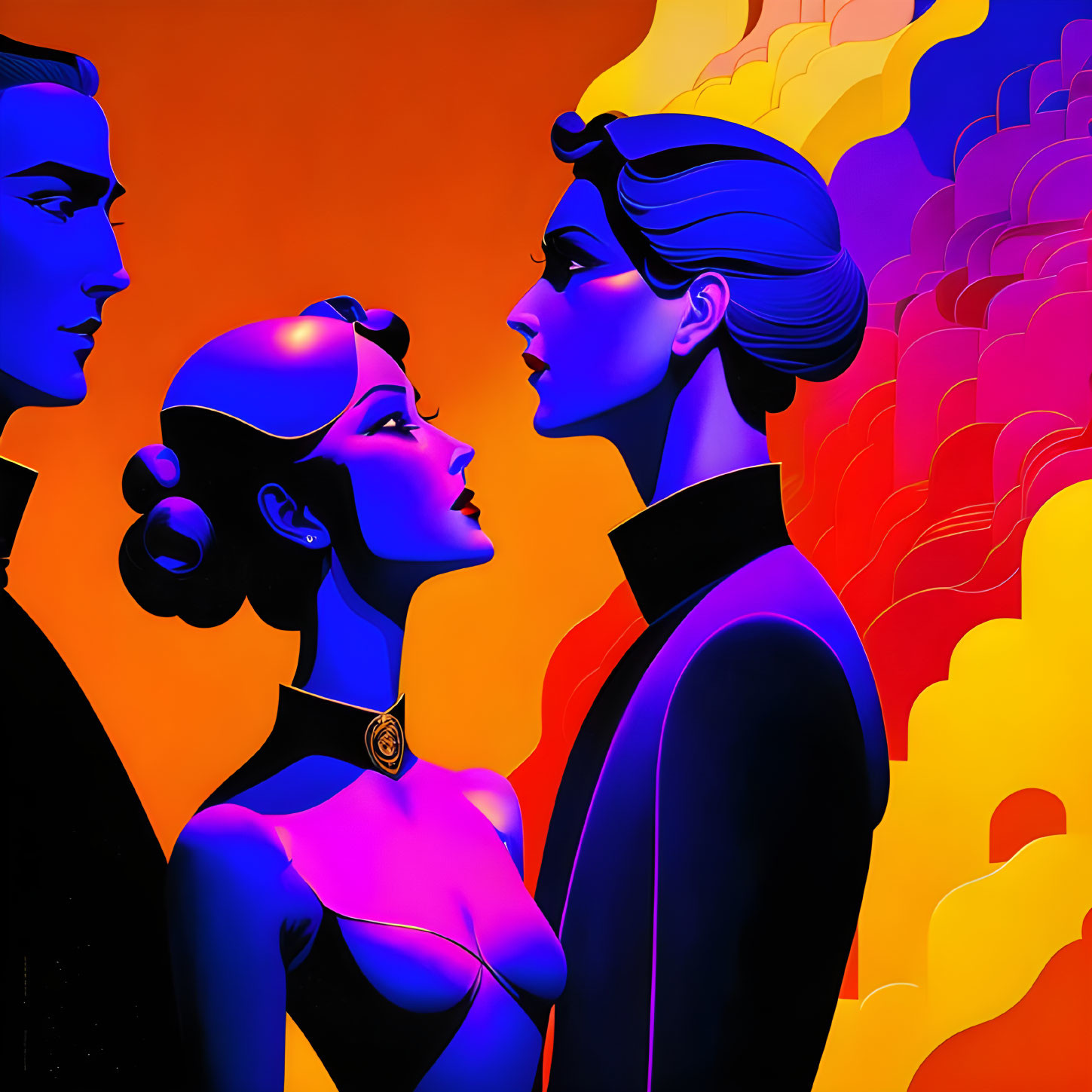 Colorful illustration: Two couples on vibrant background
