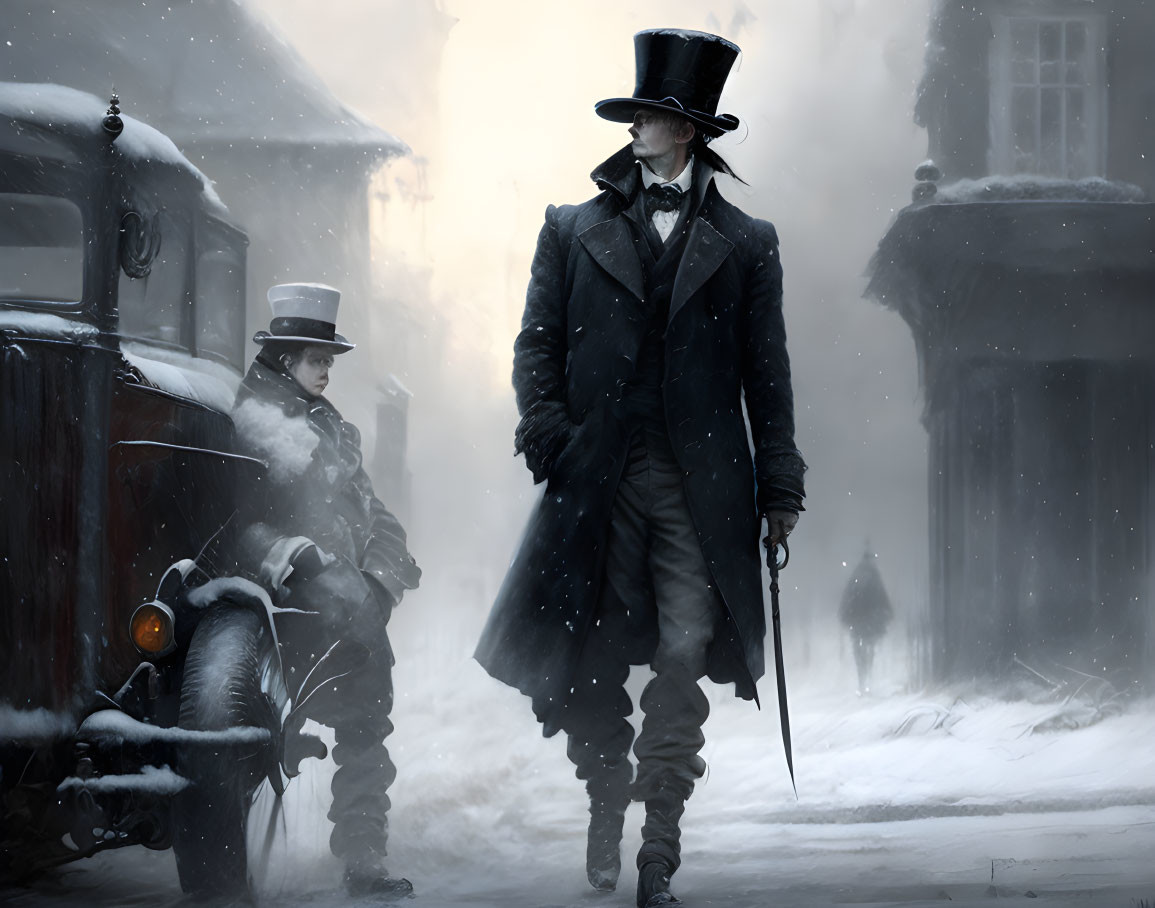 Victorian-Era Scene: Two Men in Top Hats in Snowy Street with Old-Fashioned