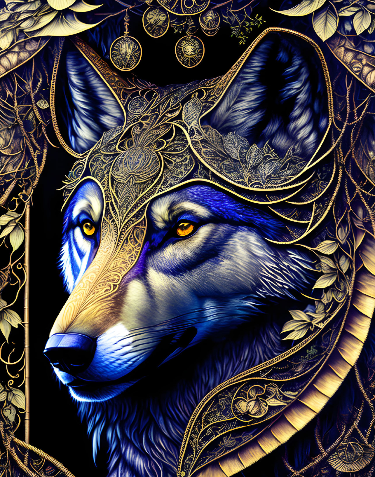 Intricate golden mandalas on dark wolf artwork