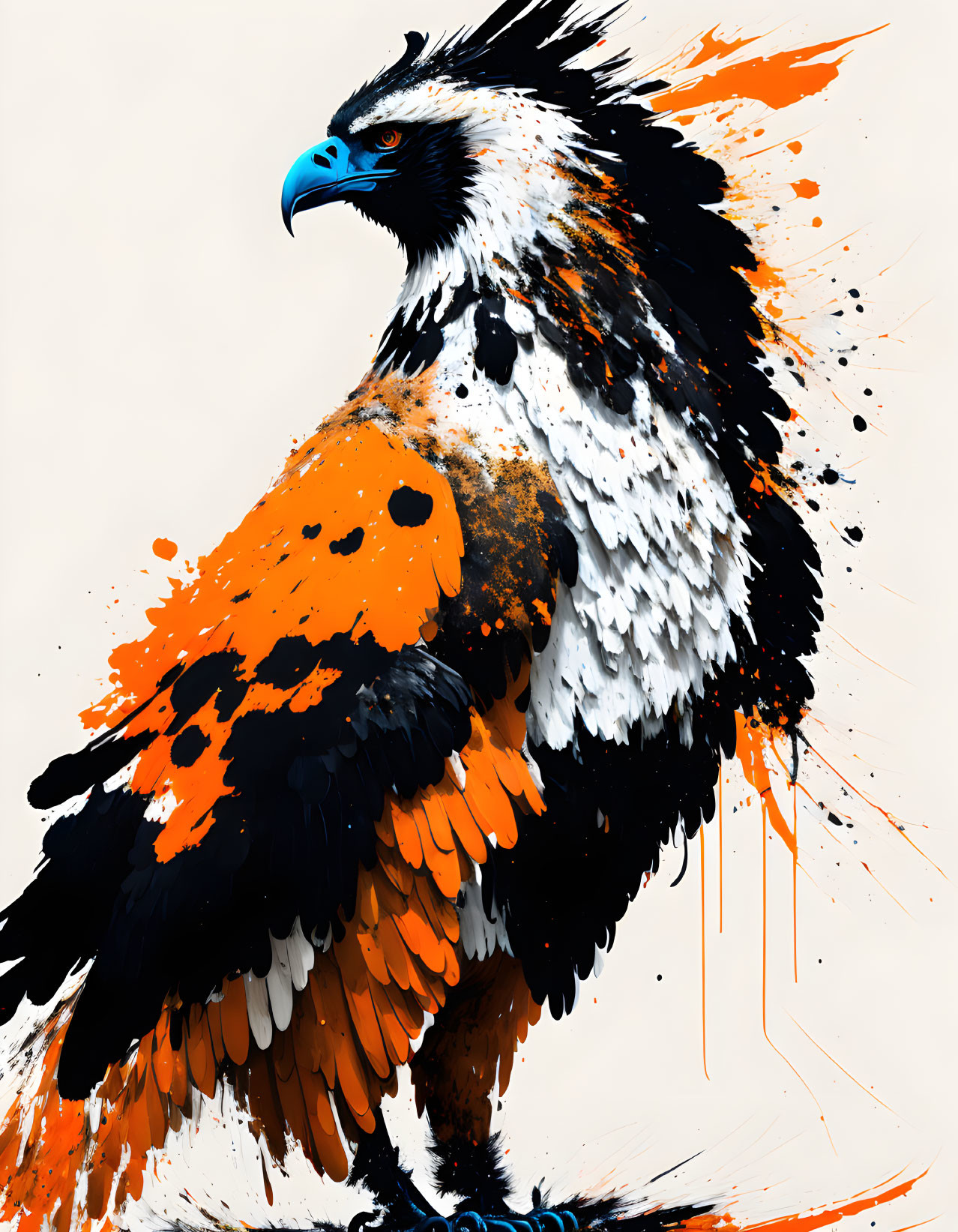 Vibrant digital artwork: Eagle with black, white, and orange plumage