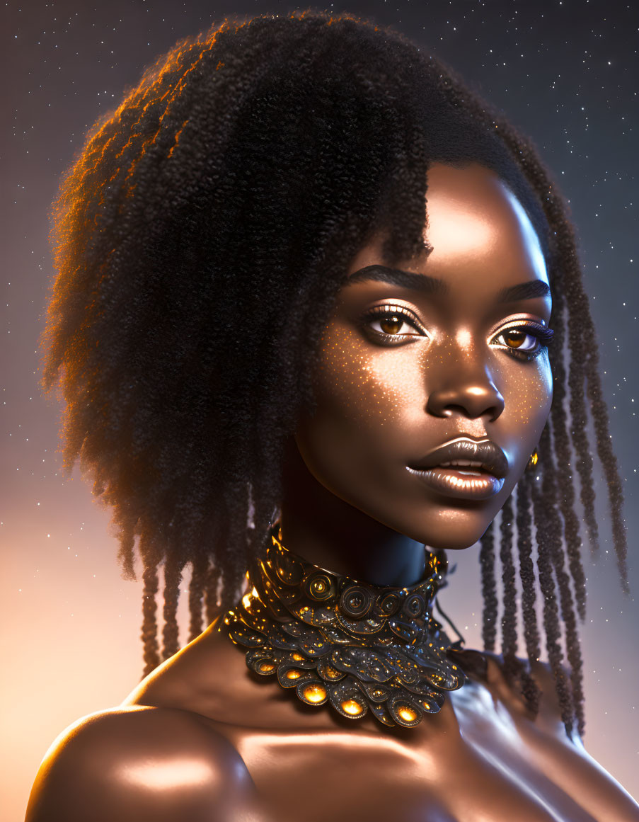 Portrait of woman with glowing skin and statement necklace against starry backdrop, featuring textured hair and striking features