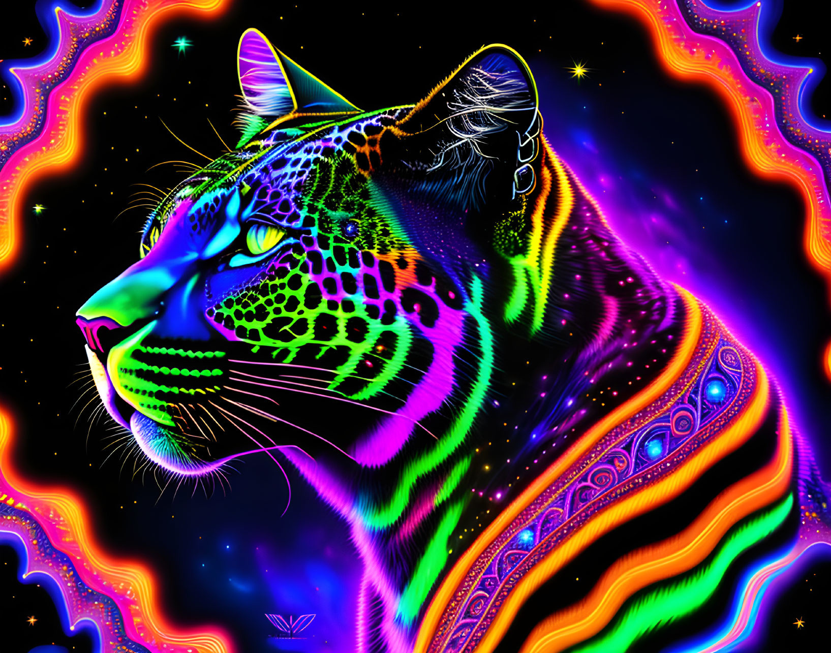 Neon-colored jaguar digital art with cosmic background
