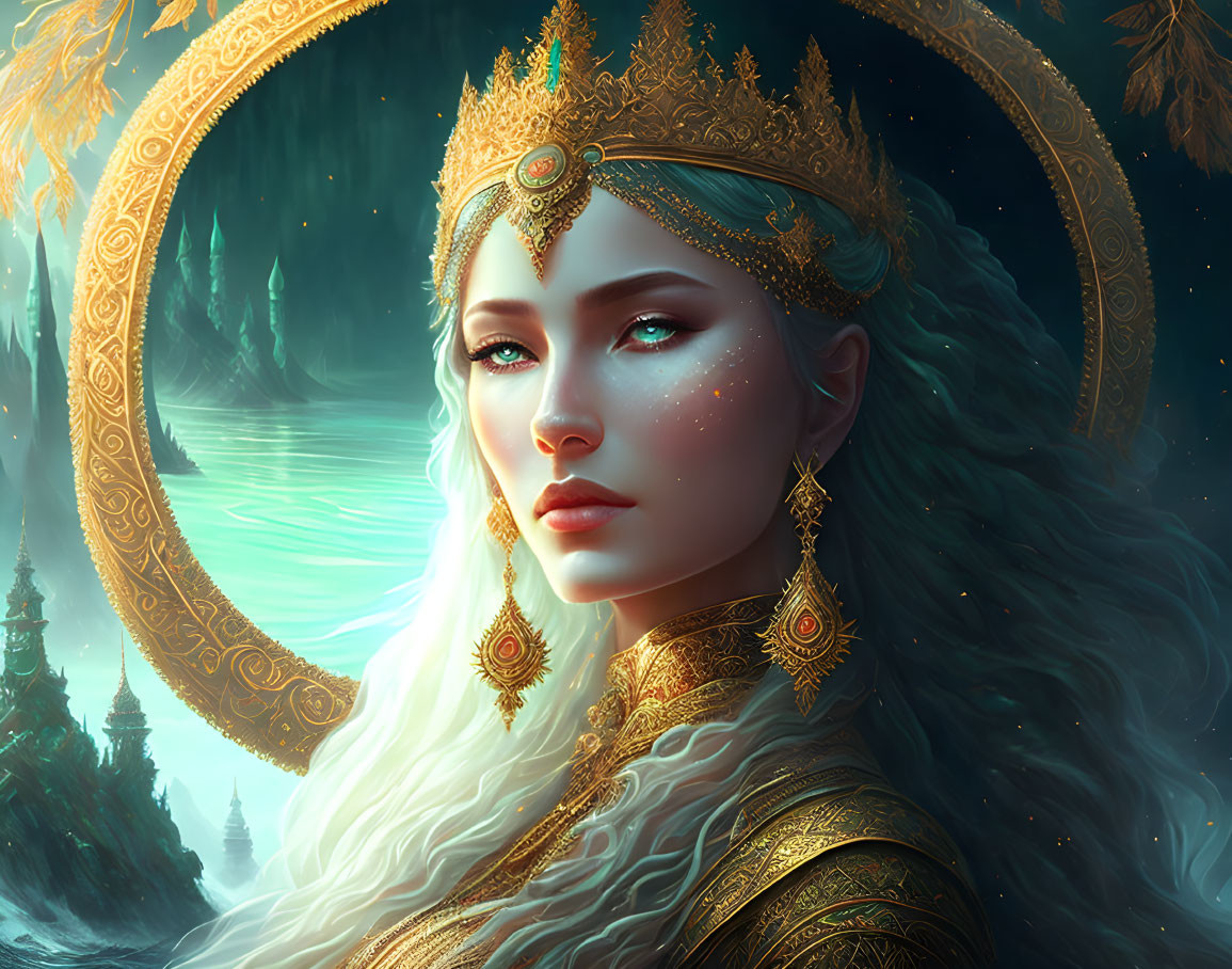 Regal woman with golden headgear and mystical forest background