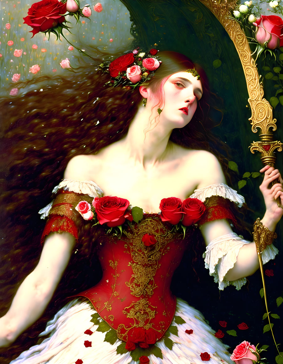 Woman in floral headpiece and red corset dress with golden mirror, surrounded by dark hair and roses