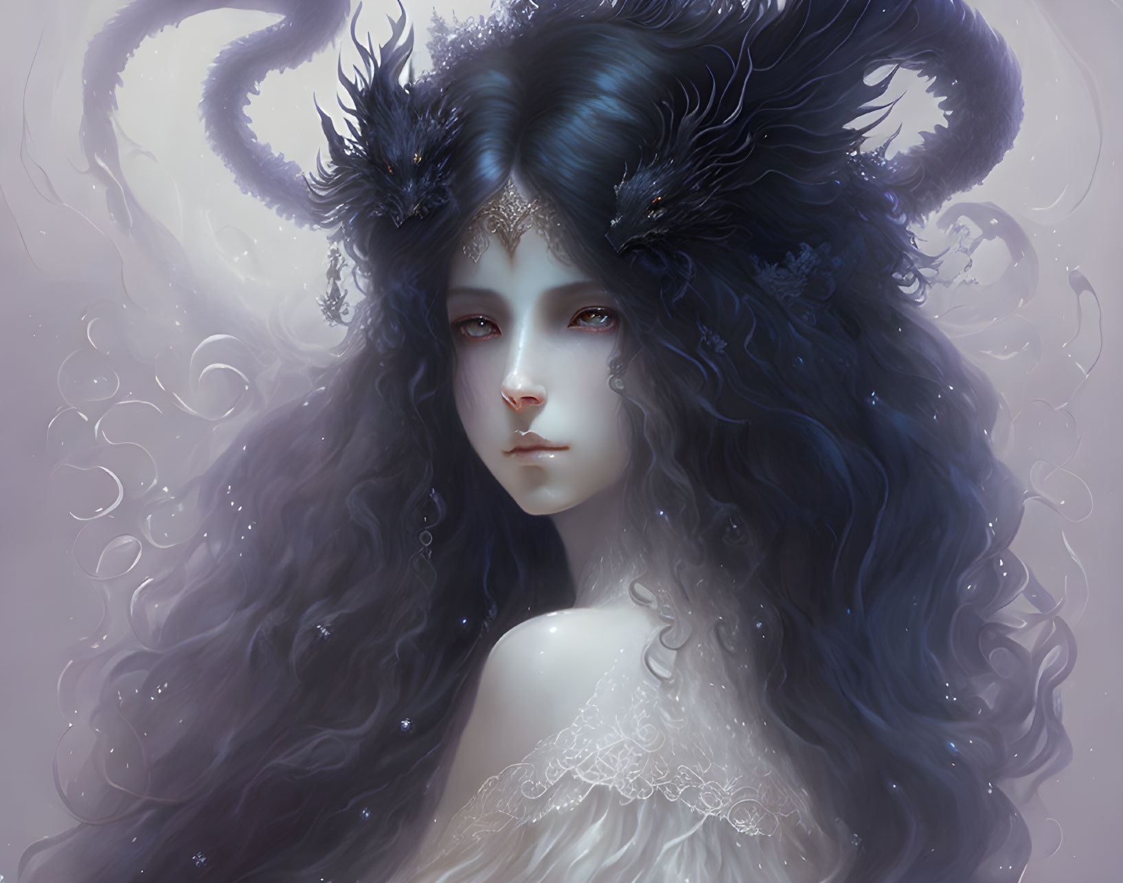 Dark-haired female figure with ornate horns and ethereal accents.